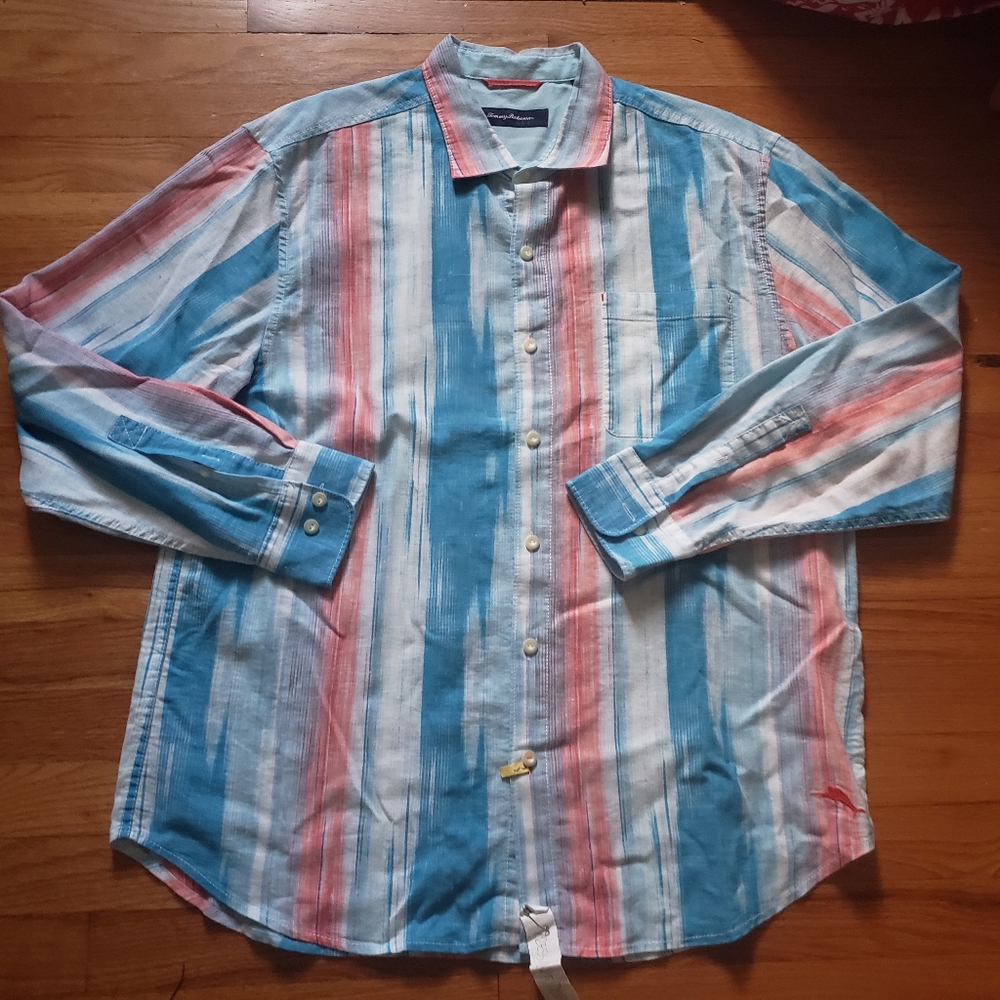 Tommy Bahama Shirt Mens XL  Blue Stripe Button Up Linen Blend Resort Marlin